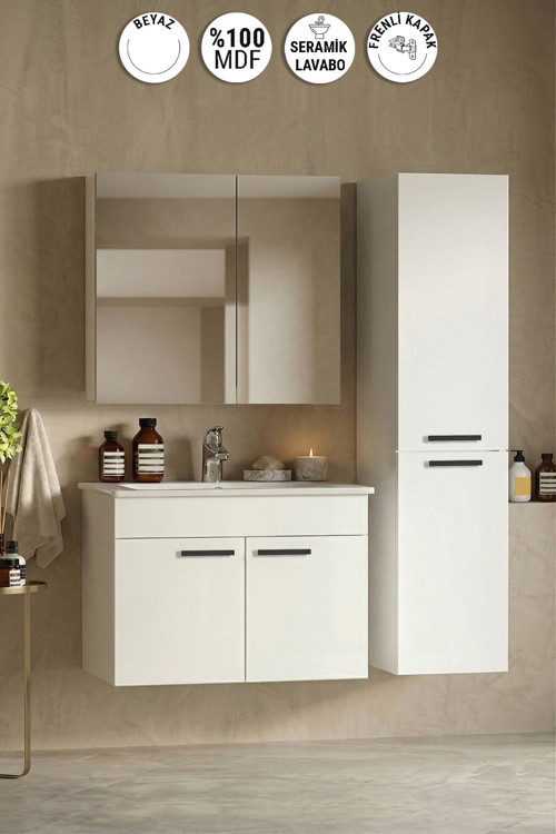 Petunya 75+167 cm Beyaz MDF Seramik Lavabolu Asma Banyo Dolabı Takımı