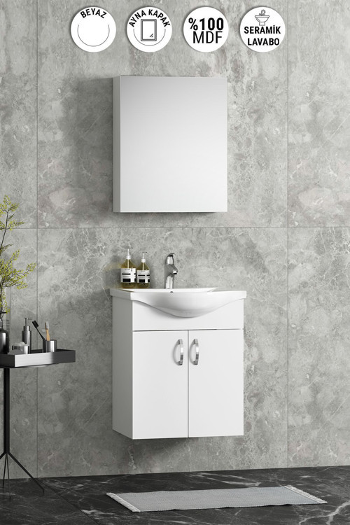 Yıldız 50 cm Beyaz MDF Seramik Lavabolu Asma Banyo Dolabı Takımı