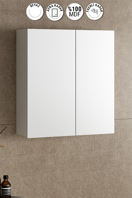 Çiğdem 55 cm Beyaz MDF Aynalı Asma Banyo Üst Dolabı