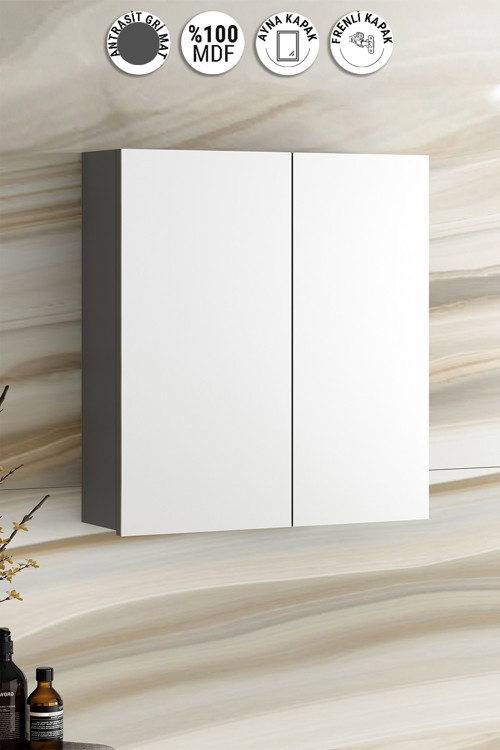 Çiğdem 55 cm Antrasit Gri Mat MDF Aynalı Asma Banyo Üst Dolabı