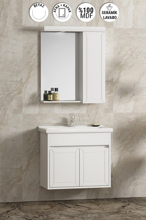 Çuha 65 cm Beyaz MDF Pk-109 Balon Kapak Seramik Lavabolu Asma Banyo Dolabı Takımı