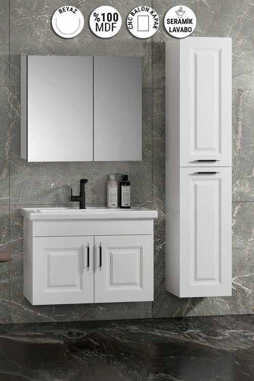 Salkım 80+35 cm Beyaz Balon MDF Seramik Lavabolu Asma Banyo Dolabı Takımı