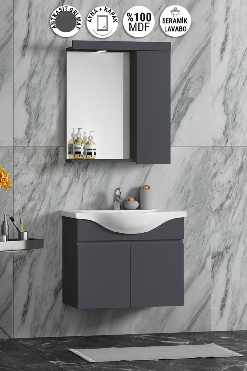 Yıldız 65 cm Antrasit Gri Mat MDF Seramik Lavabolu Asma Banyo Dolabı Takımı