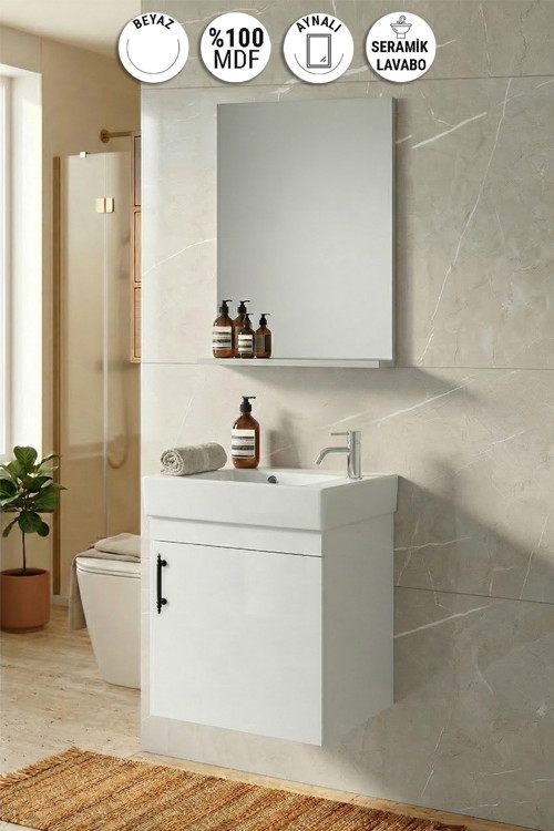 Lale 50x25 cm Beyaz MDF Seramik Lavabolu Asma Banyo Dolabı Takımı