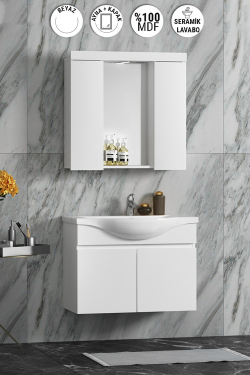 Yıldız 80 cm Beyaz MDF Seramik Lavabolu Asma Banyo Dolabı Takımı