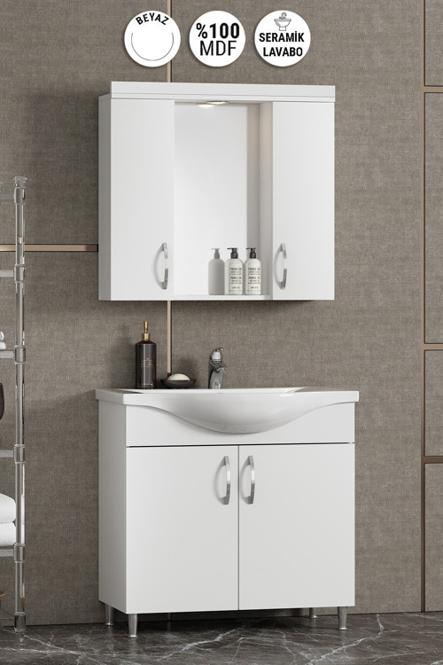 Yıldız 75 cm Beyaz MDF Seramik Lavabolu Ayaklı Banyo Dolabı Takımı