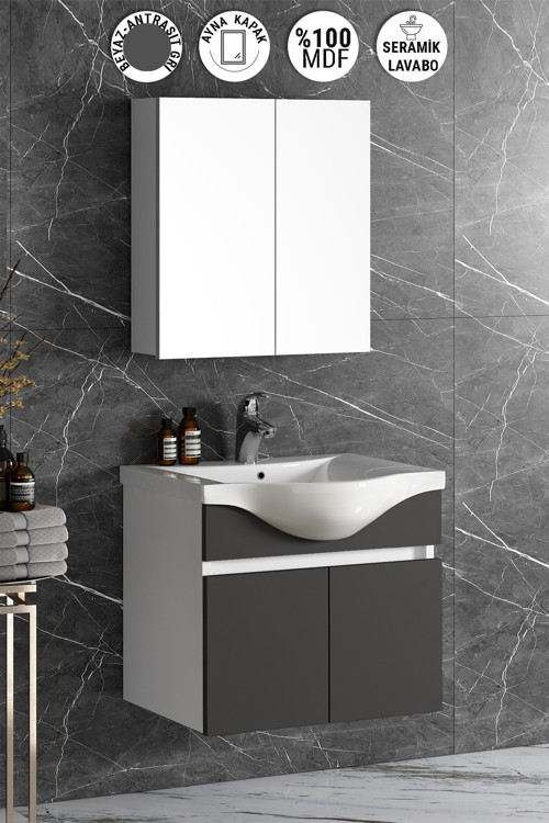 Yıldız 55 cm Beyaz-Antrasit Gri Mat MDF Seramik Lavabolu Asma Banyo Dolabı Takımı