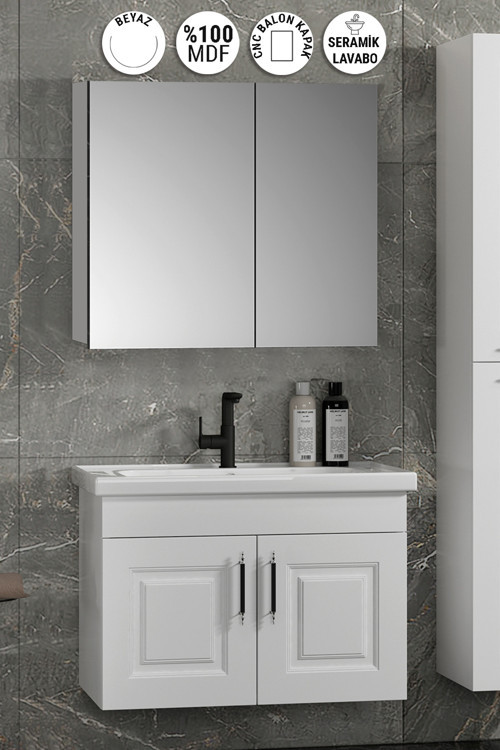 Salkım 65 cm Beyaz Balon MDF Seramik Lavabolu Asma Banyo Dolabı Takımı