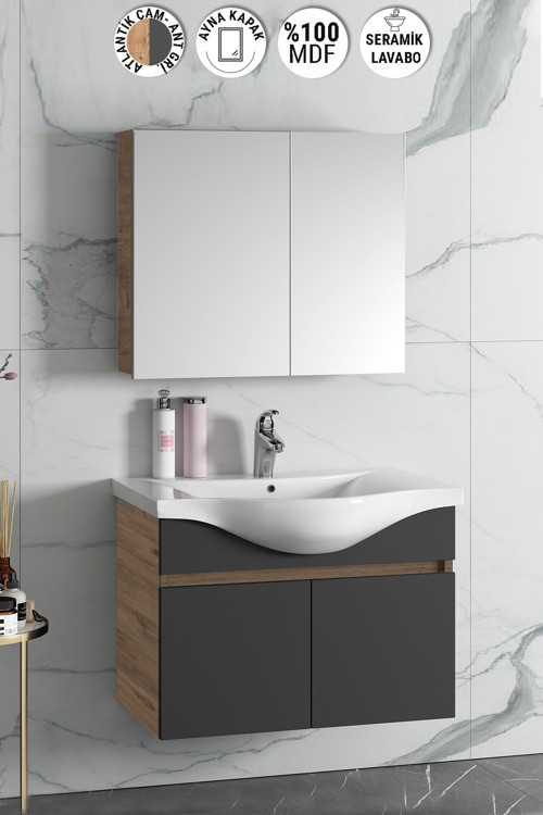Yıldız 80 Cm Atlantik Çam-antrasit Gri Mat Mdf Seramik Lavabolu Asma Banyo Dolabı Takımı