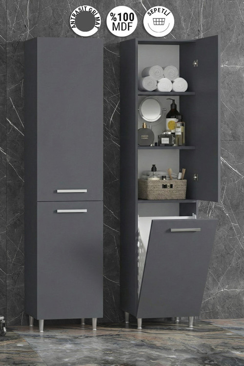 40*167 cm Antrasit Gri MDF Sepetli Ayaklı Banyo Boy Dolabı