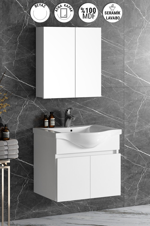 Yıldız 55 cm Beyaz MDF Seramik Lavabolu Asma Banyo Dolabı Takımı