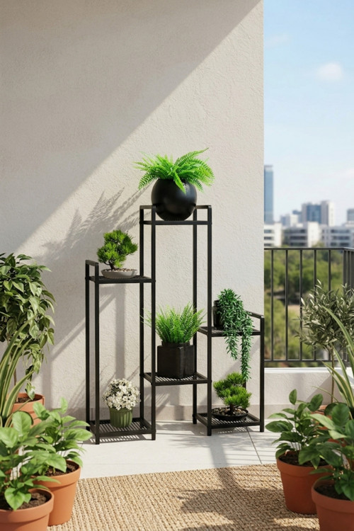6 Raflı Siyah Metal Çiçeklik & Saksılık - Modern Dekoratif Balkon ve Salon Bitki Standı