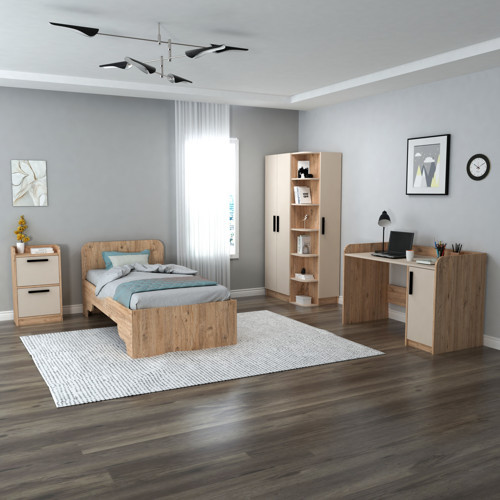 Luses Genç Odası Takımı Atlantik Çam Bej | Gardırop Çalışma Masası Komodin ve Karyola 4'lü Set