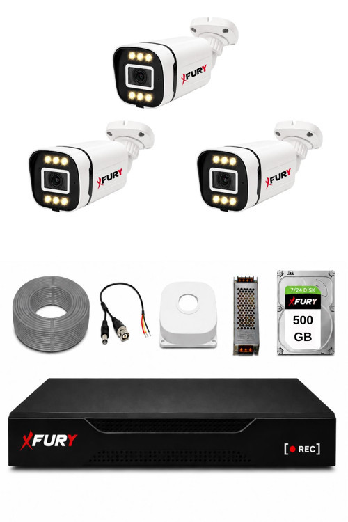 3 Kameralı 5MP Lens 1080P 6 Warm LED Renkli Gece Görüşlü Güvenlik Kamera Sistemi 500GB 1606