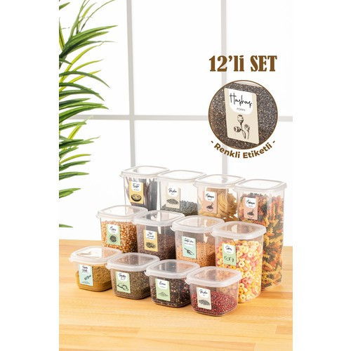 Renkli Etiketli 12li Peggy Kare Erzak Saklama Kabı 4x(0,55 Litre, 1,2 Litre, 1,75 Litre) Beyaz