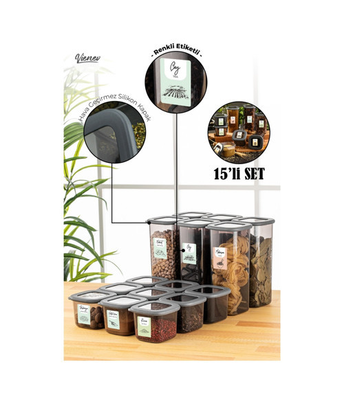 Renkli Etiketli 15li Foly Kare Erzak Saklama Kabı 9x(0,55 Litre) 6x(1,75 Litre) Antrasit