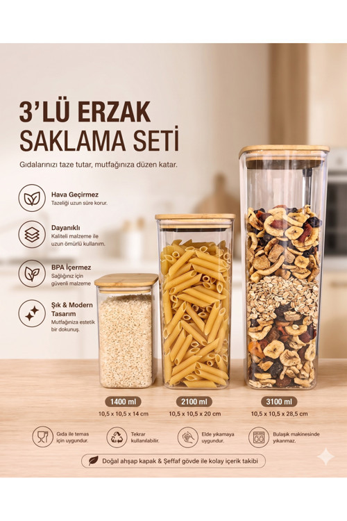 3’lü Bambu Kapaklı Sızdırmaz Erzak Saklama Kabı Seti BPA Free Mutfak Düzenleyici