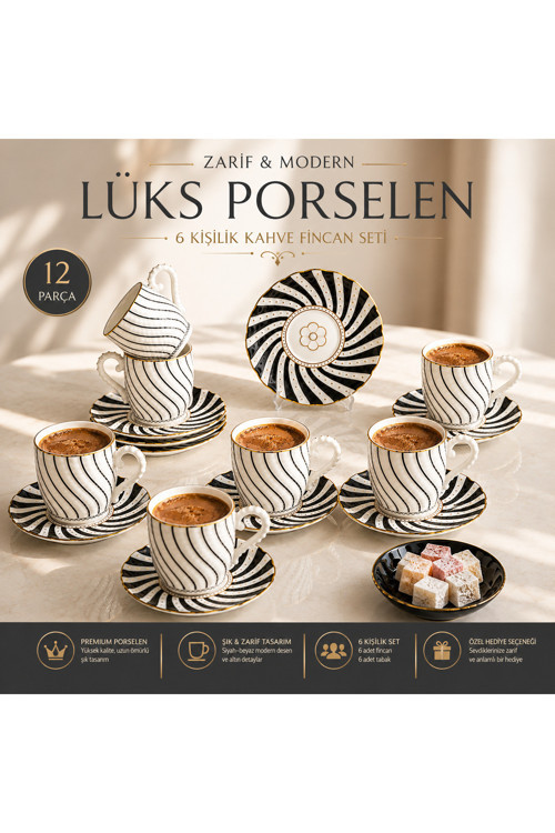 Luna Gold Siyah Beyaz Desenli 6 Kişilik Porselen Kahve Fincan Takımı 12 Parça