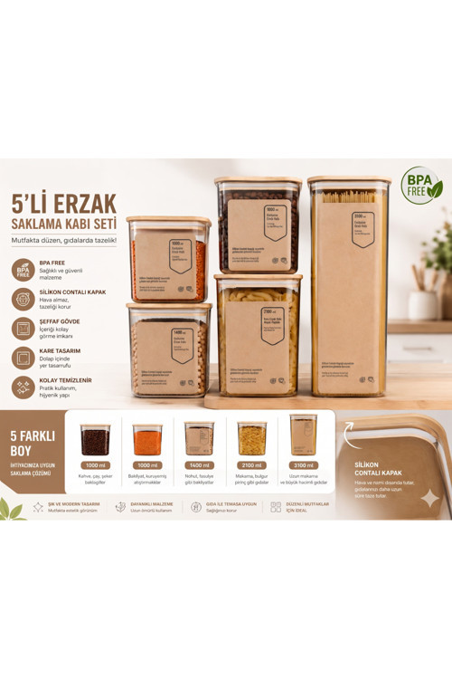 Bambu Kapaklı Sızdırmaz Saklama Kabı Seti 5’li