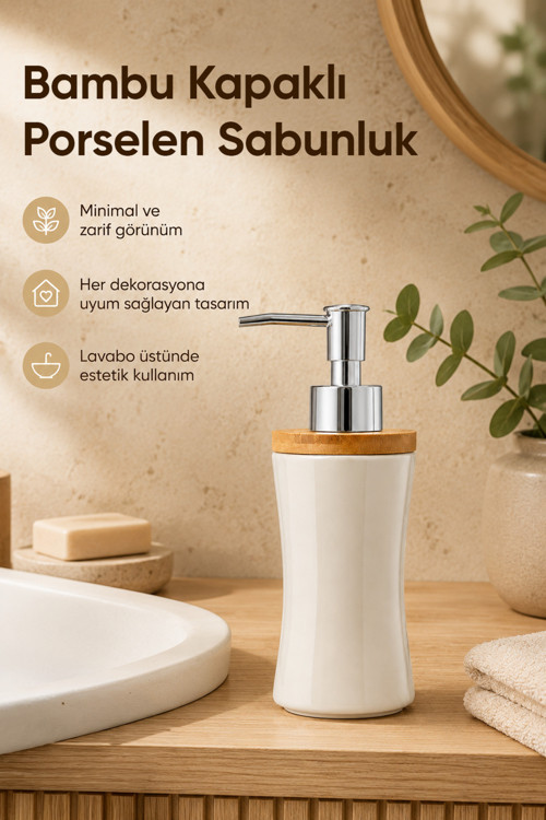 Bambu Kapaklı Porselen Sıvı Sabunluk 300 ml Bej