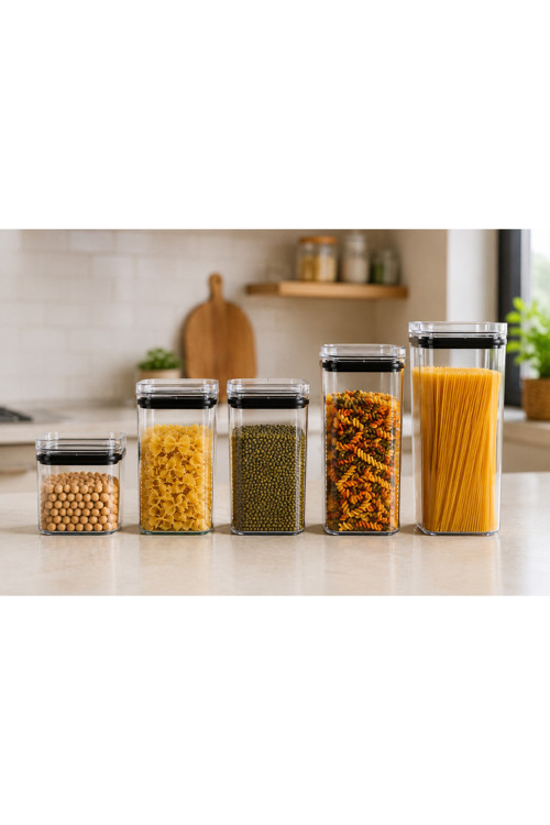 Kare Set 5 Parça Erzak Kabı Seti BPA Free Saklama Kabı 700 ml + 2x1000 ml + 1400 ml + 2100 ml