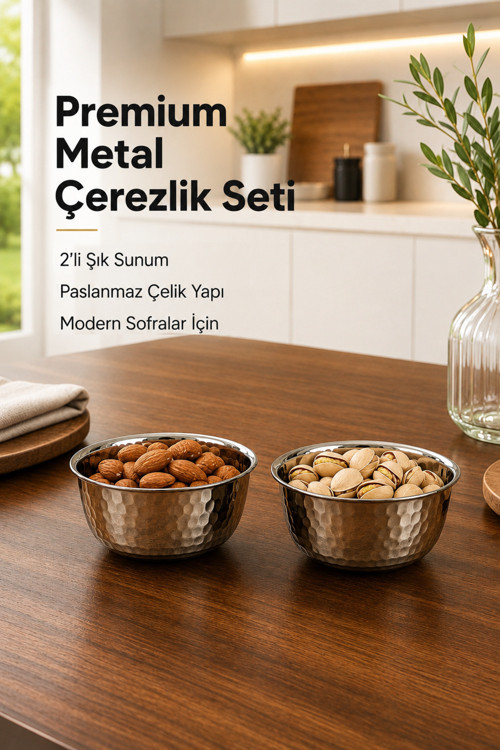 Paslanmaz Metal 2'li Çerezlik Kase Takımı - 9,5x6 cm Lüks Sunum ve Sosluk Seti