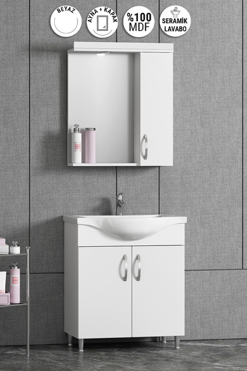 Yıldız 65 cm Beyaz MDF Seramik Lavabolu Ayaklı Banyo Dolabı Takımı