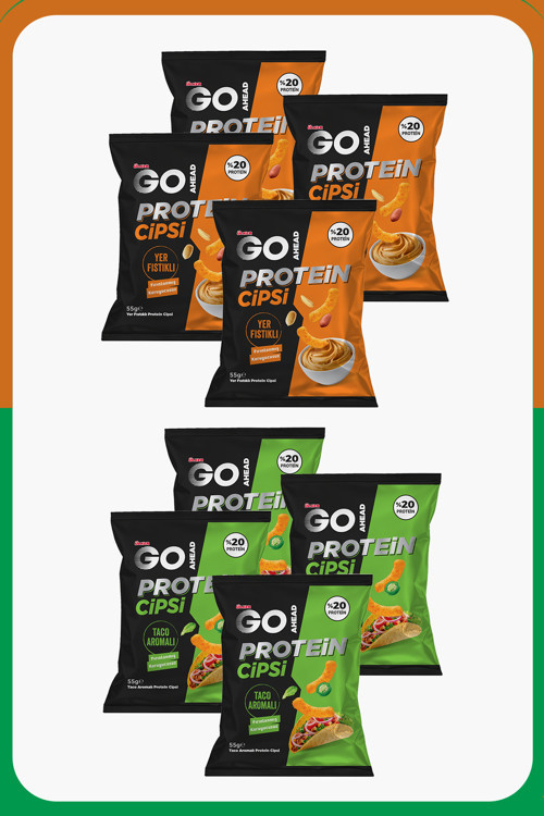 GO AHEAD Protein Cipsi - Taco Aromalı ve Yer Fıstıklı Dörder Adet - %20 Protein - 55 gram - 8 Adet