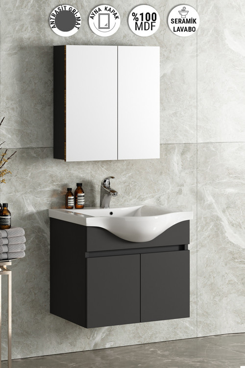 Yıldız 55 cm Antrasit Gri Mat MDF Seramik Lavabolu Asma Banyo Dolabı Takımı