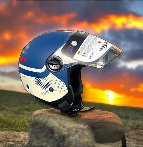 715 Şeffaf Vizörlü Yarım Motosiklet Scooter Kaskı XL Beden Blue Beıge