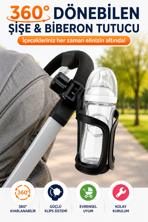 360° Dönebilen Bebek Arabası Bisiklet Uyumlu Şişe Biberon Suluk Tutucu Evrensel Klipsli Aparat