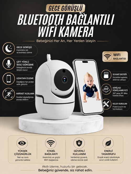 Gece Görüşlü Bebek Kamerası Telefondan Canlı Takip Özellikli
