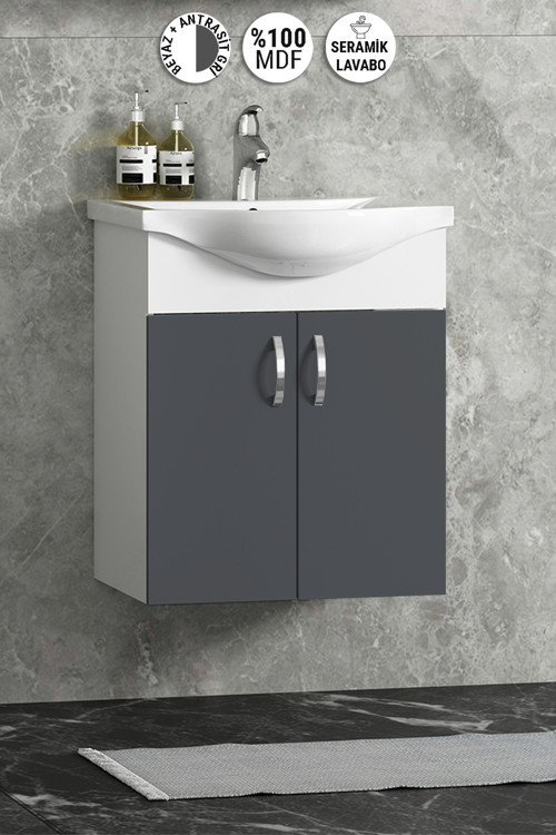 Yıldız 50 cm Antrasit Gri MDF Seramik Lavabolu Asma Alt Banyo Dolabı