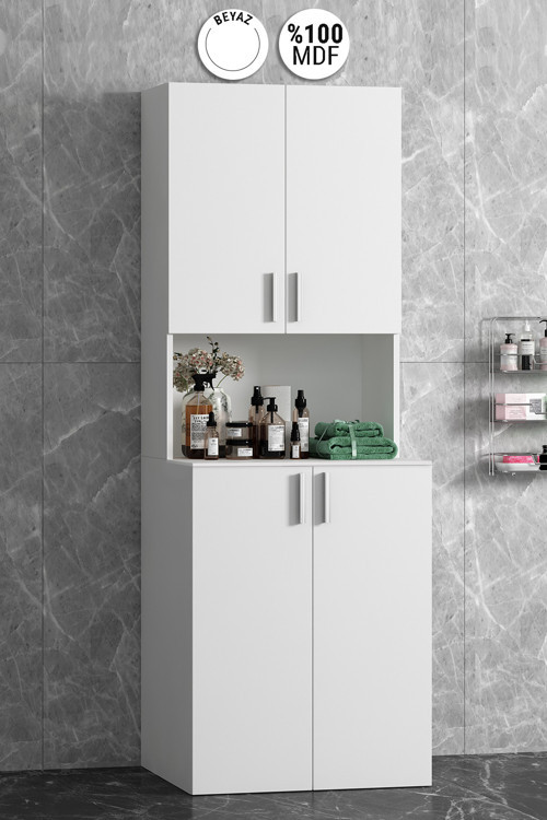 Kapaklı Çamaşır Makinesi Beyaz MDF Banyo Dolabı Takımı