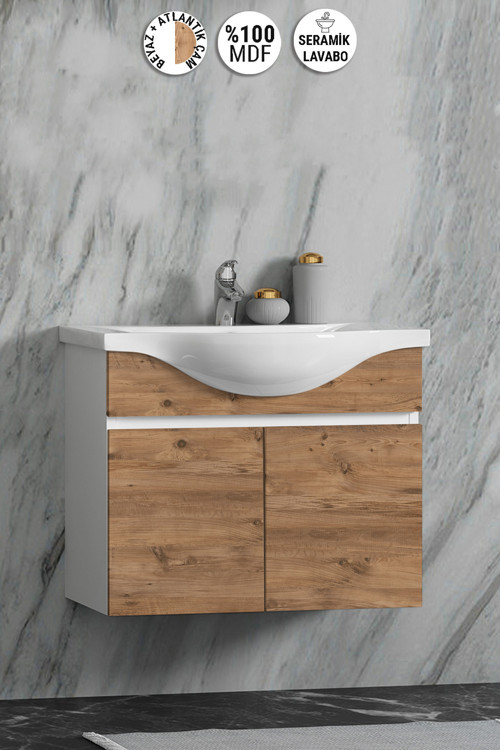 Yıldız 55 cm Beyaz-Atlantik Çam MDF Seramik Lavabolu Asma Banyo Alt Dolabı