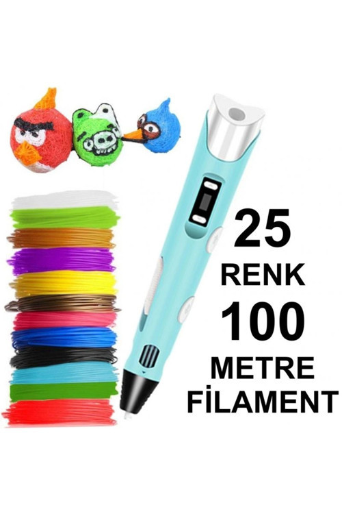 MAVİ 3D Kalem Yazıcı+25 renk 100 metre (25x4metre) PLA Filament
