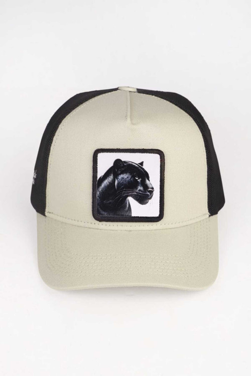 Panter Logolu Bej-Siyah Trucker Şapka