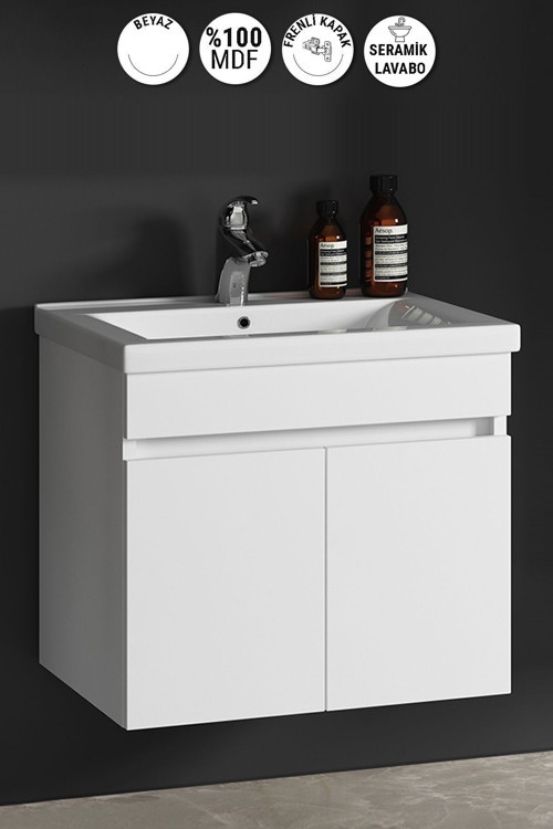 Çiğdem 80 Cm Beyaz MDF Seramik Lavabolu Asma Banyo Alt Dolabı