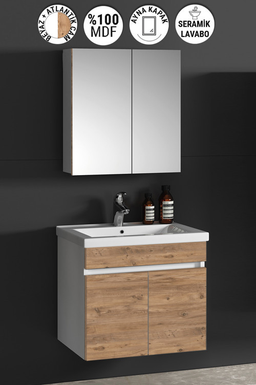 Çiğdem 55 cm Beyaz-Atlantik Çam MDF Seramik Lavabolu Asma Banyo Dolabı Takımı