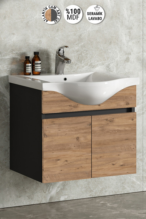 Yıldız 65 cm Antrasit Gri Mat-Atlantik Çam MDF Seramik Lavabolu Asma Banyo Alt Dolabı
