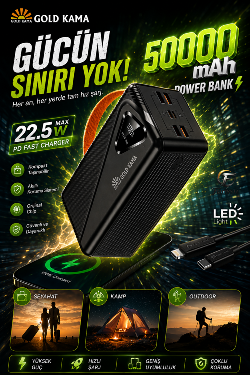 50000 mAh Powerbank 22.5W Hızlı Şarj PD Taşınabilir Güç Kaynağı Dijital Göstergeli LED Işıklı