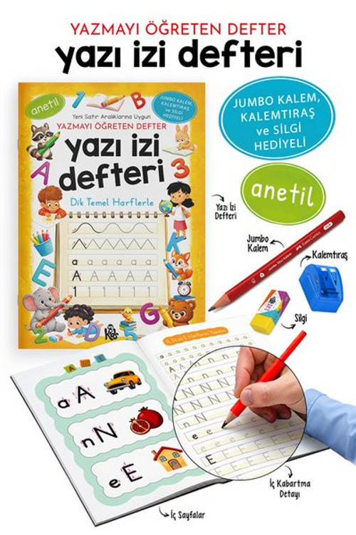 Yazı İzi Defteri - Yazmayı Öğreten Defter - Jumbo Kalem Kalemtıraş ve Silgi Hediyeli