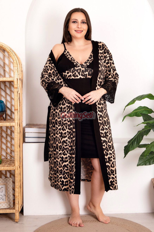 Siyah Renk Leopar Desenli Lady 19219 Askılı, Battal, Büyük Beden 2li Sabahlıklı Anne Gecelik Takım