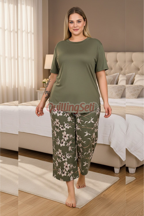 Haki Yeşil Renk, Çiçek Desenli 10740 Pamuklu Büyük Beden Kapri Anne Pijama Takımı