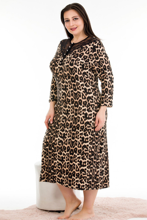 Siyah Renk Leopar Desenli Lady 7244 Kadın Büyük Beden Elbise, Anne Gecelik