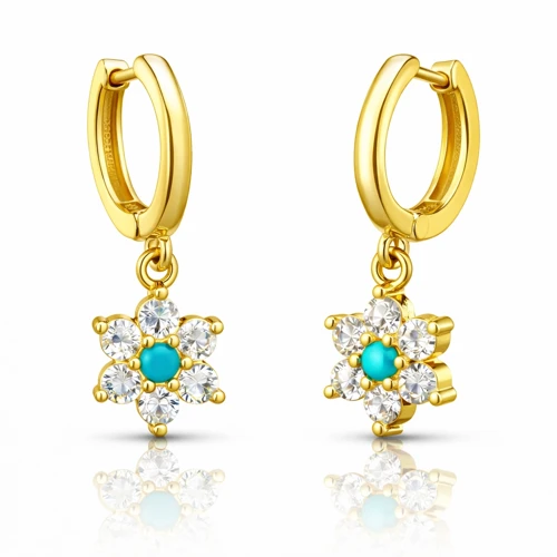 925 Ayar Gümüş Mavi Taşlı Gold Çiçek Kadın Küpe