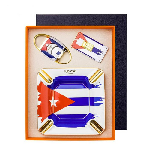 Yeni Seri Cuban Flag Design Üçlü Puro Seti Çakmak+Kesici+Küllük LB-731
