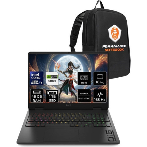 Omen Slim 16 Core Ultra 7 255H RTX 5060 8GB 48GB RAM 1TB SSD 16" FHD+ 165Hz FreeDOS CK9L3EAPN328 Gaming Laptop + Per4 Çanta