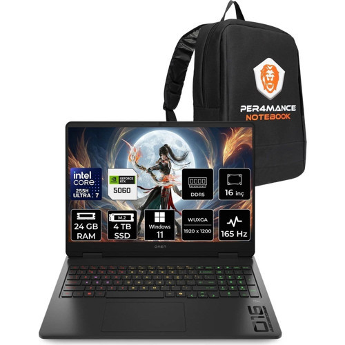 Omen Slim 16 Core Ultra 7 255H RTX 5060 8GB 24GB RAM 4TB SSD 16" FHD+ 165Hz Win11 Pro CK9L3EAPN415 Gaming Laptop + Per4 Çanta