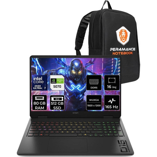 Omen 16 Core Ultra 7 255H RTX 5070 8GB 80GB RAM 512GB SSD 16" FHD+ 165Hz FreeDOS BQ1Y6EAPN337 Gaming Laptop + Per4 Çanta